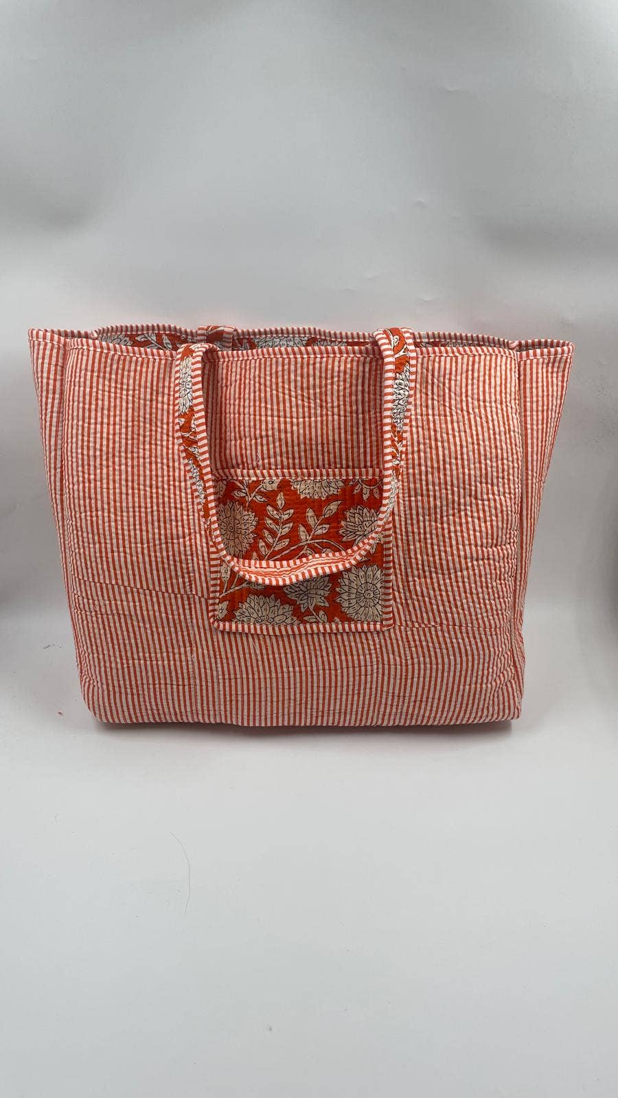 Handmade Cotton Reversible Quilted Jaipur Bag - Orange and White Flowers