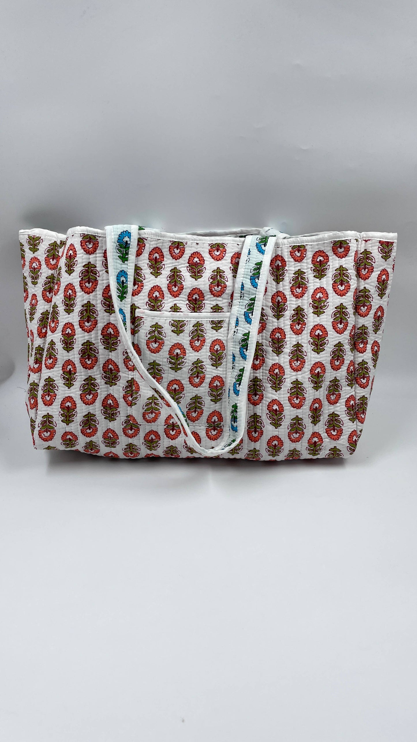 Handmade Cotton Reversible Quilted Jaipur Bag - White and Blue Pansies Flowers