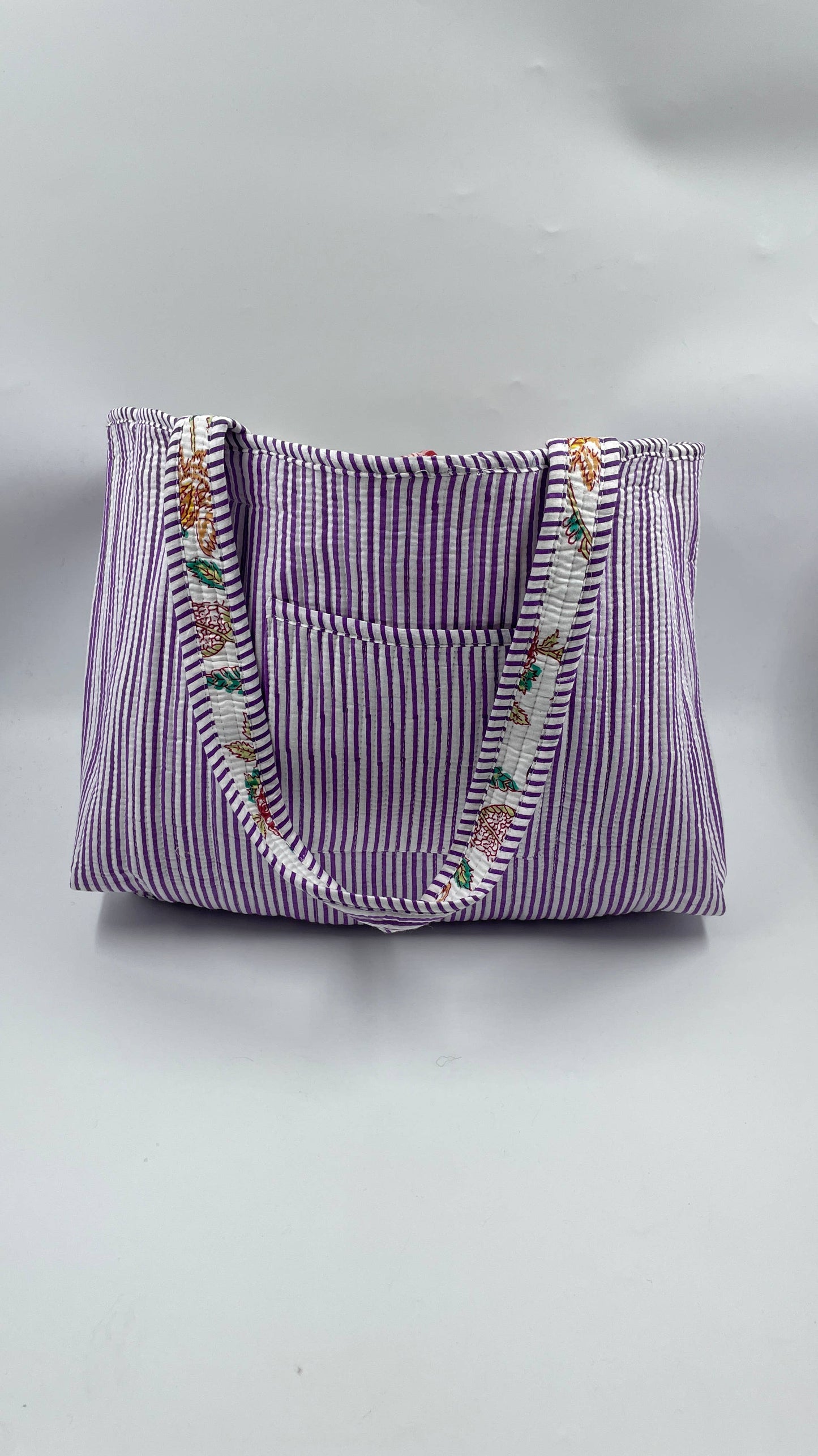 Handmade Cotton Reversible Quilted Jaipur Bag - White and Pink Flowers