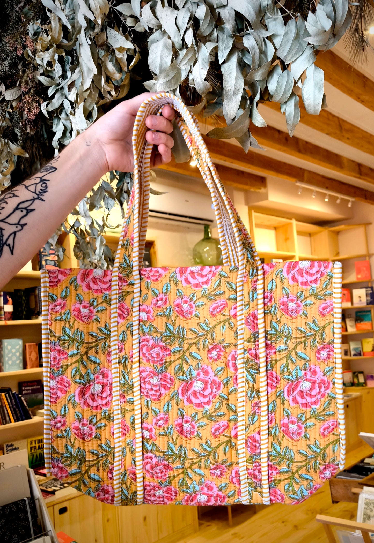 Handmade Cotton Quilted Jaipur Bag - Pink & Yellow Flowers
