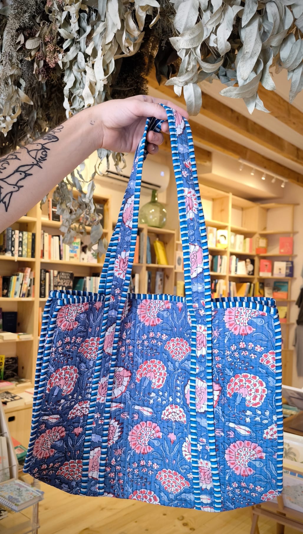 Handmade Cotton Quilted Jaipur Bag - Dark Blue Flowers