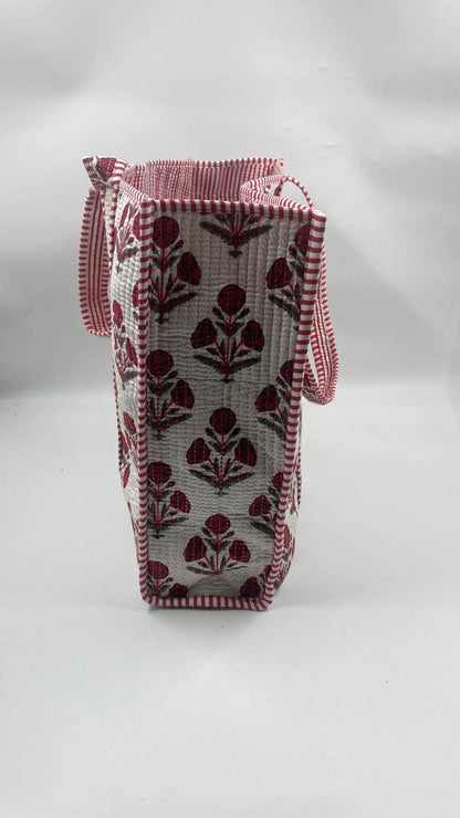 Handmade Cotton Reversible  Quilted Jaipur Bag - White and red bouquets