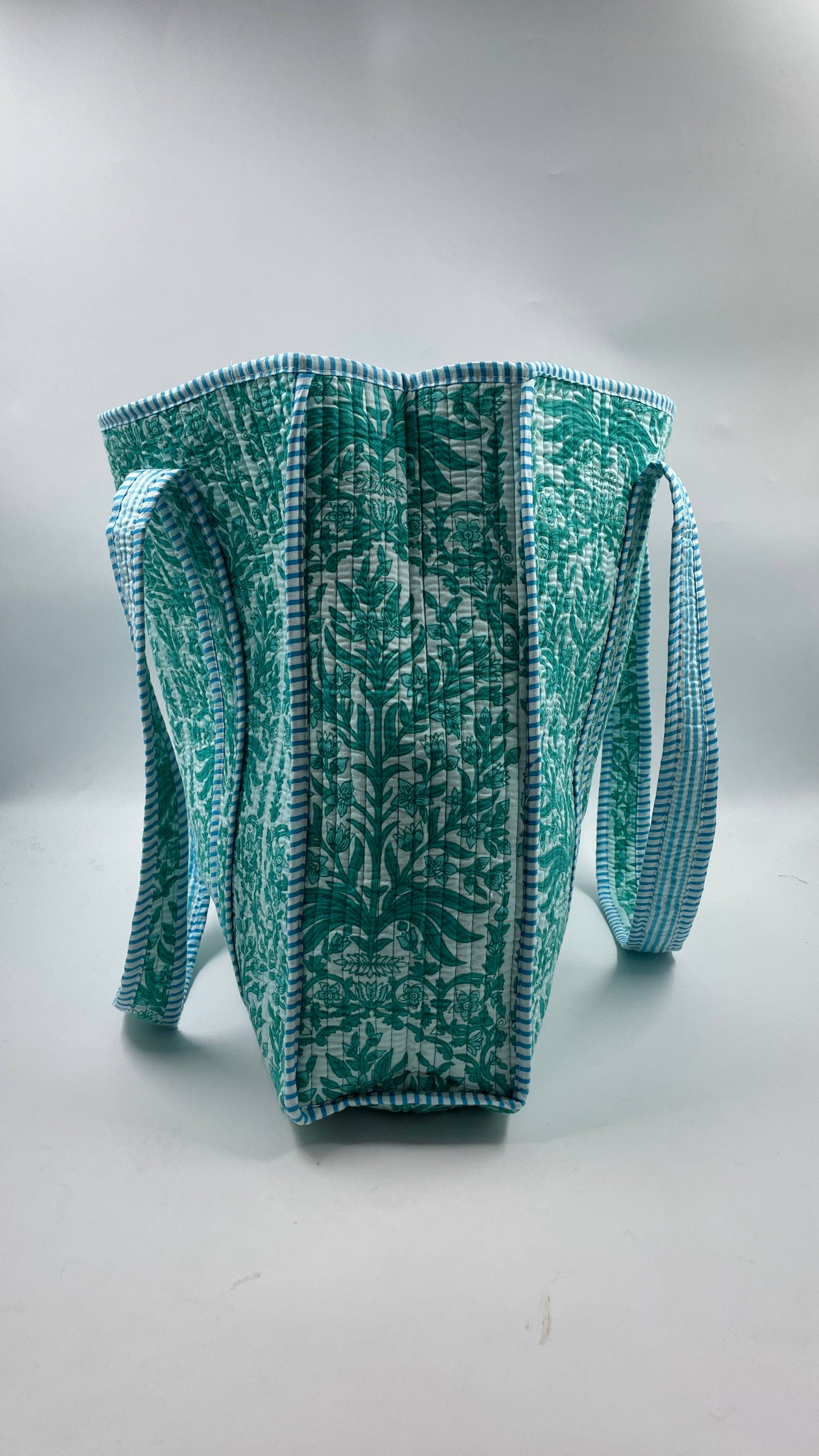 Handmade Cotton Revesible  Quilted Jaipur Bag - Green and Blue Flowers