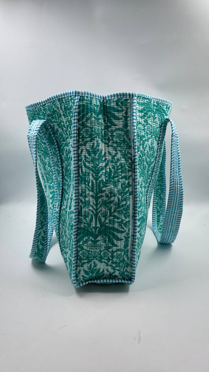Handmade Cotton Revesible  Quilted Jaipur Bag - Green and Blue Flowers