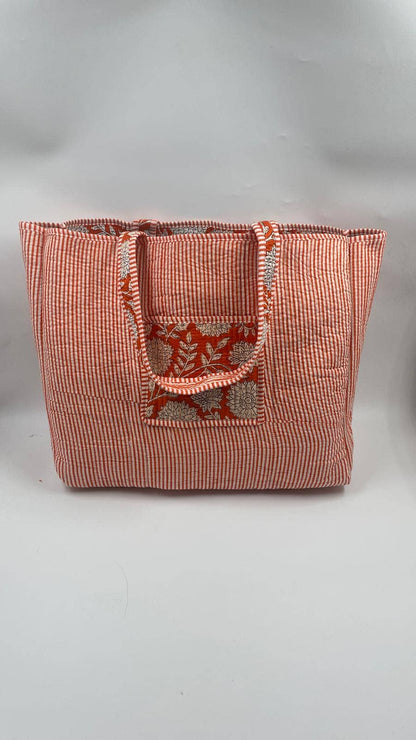 Handmade Cotton  Reversible Quilted Jaipur Bag - Orange and White Flowers