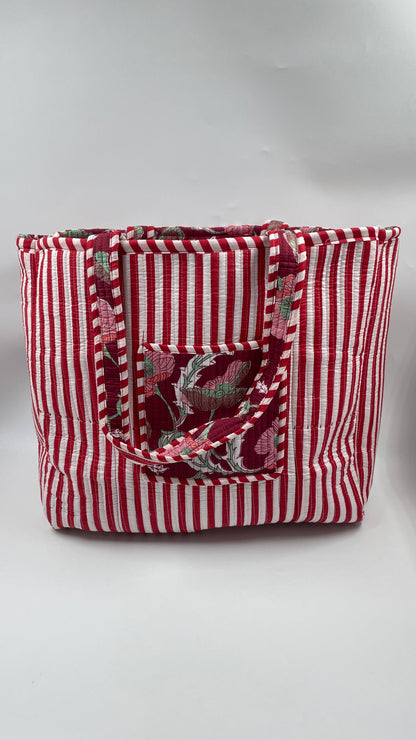 Bolso Jaipur acolchado reversible de algodón hecho a mano - Flores rojas y rosas