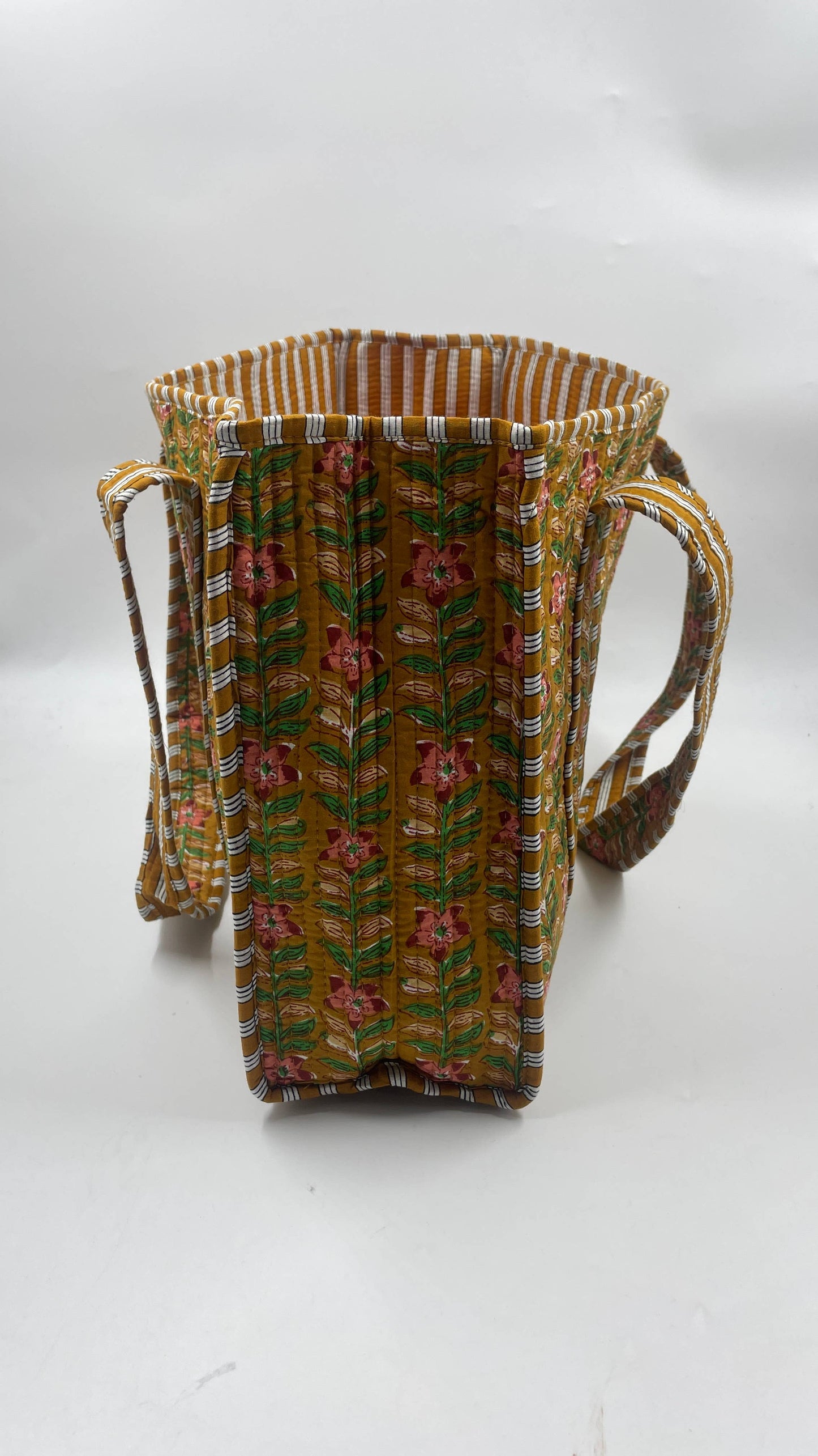 Handmade Cotton  Reversible Quilted Jaipur Bag - Moustard and Pink Flowers