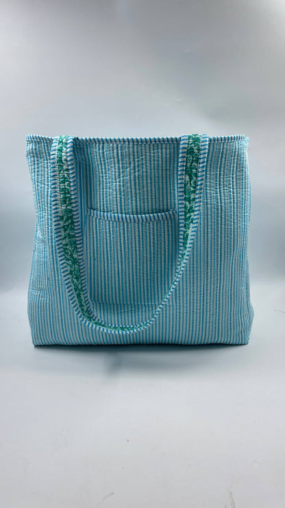 Handmade Cotton Revesible  Quilted Jaipur Bag - Green and Blue Flowers