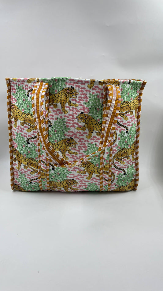 Handmade Cotton Reversible  Quilted Jaipur Bag- Leopard