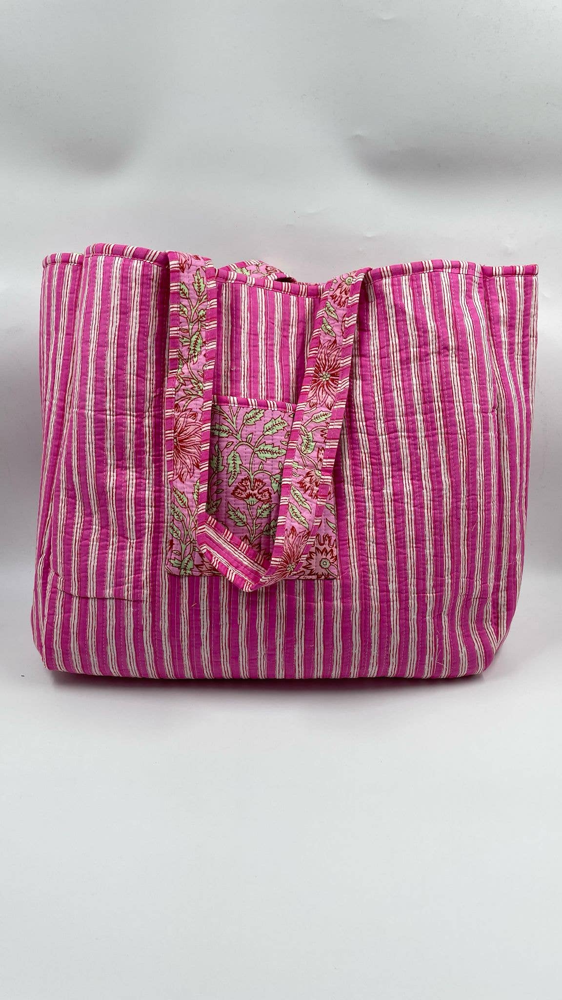 Handmade Cotton Reversible  Quilted Jaipur Bag - All Pink Flowers