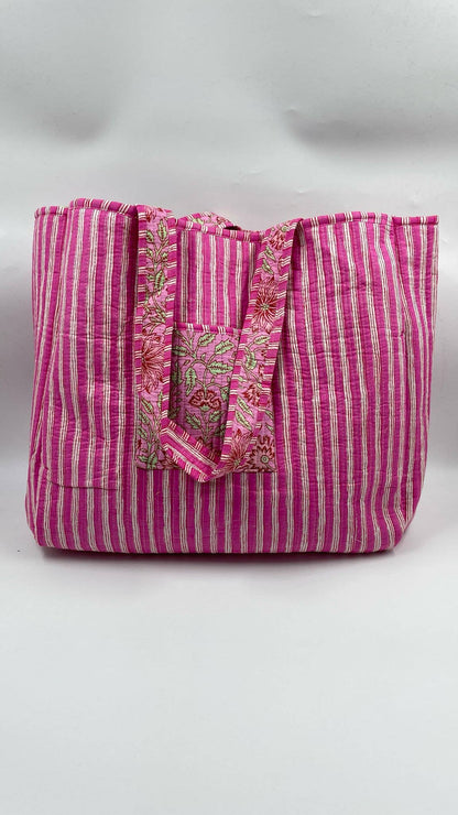 Handmade Cotton Reversible  Quilted Jaipur Bag - All Pink Flowers