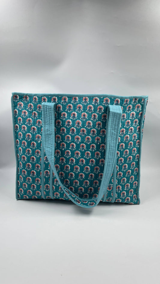 Handmade Cotton Reversible  Quilted Jaipur  - Blue and Pink Little Flowers