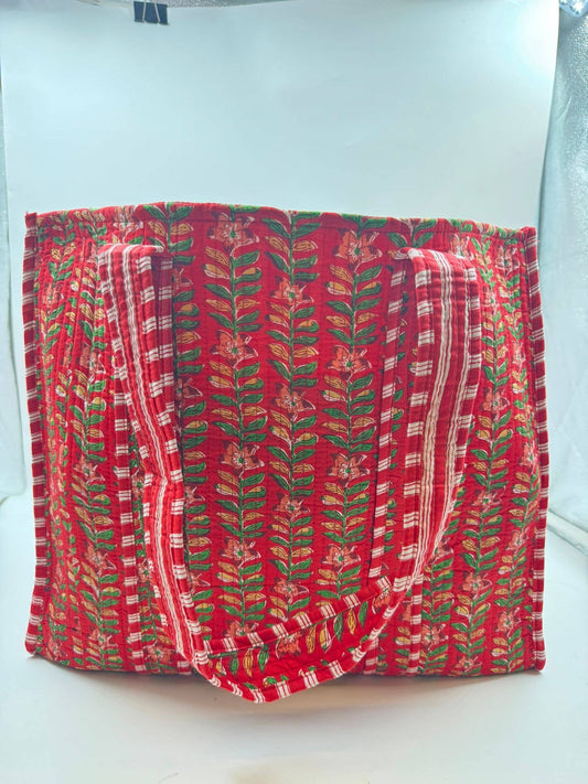 Handmade Cotton Reversible  Quilted Jaipur Bag - Red Flowers and Leaves