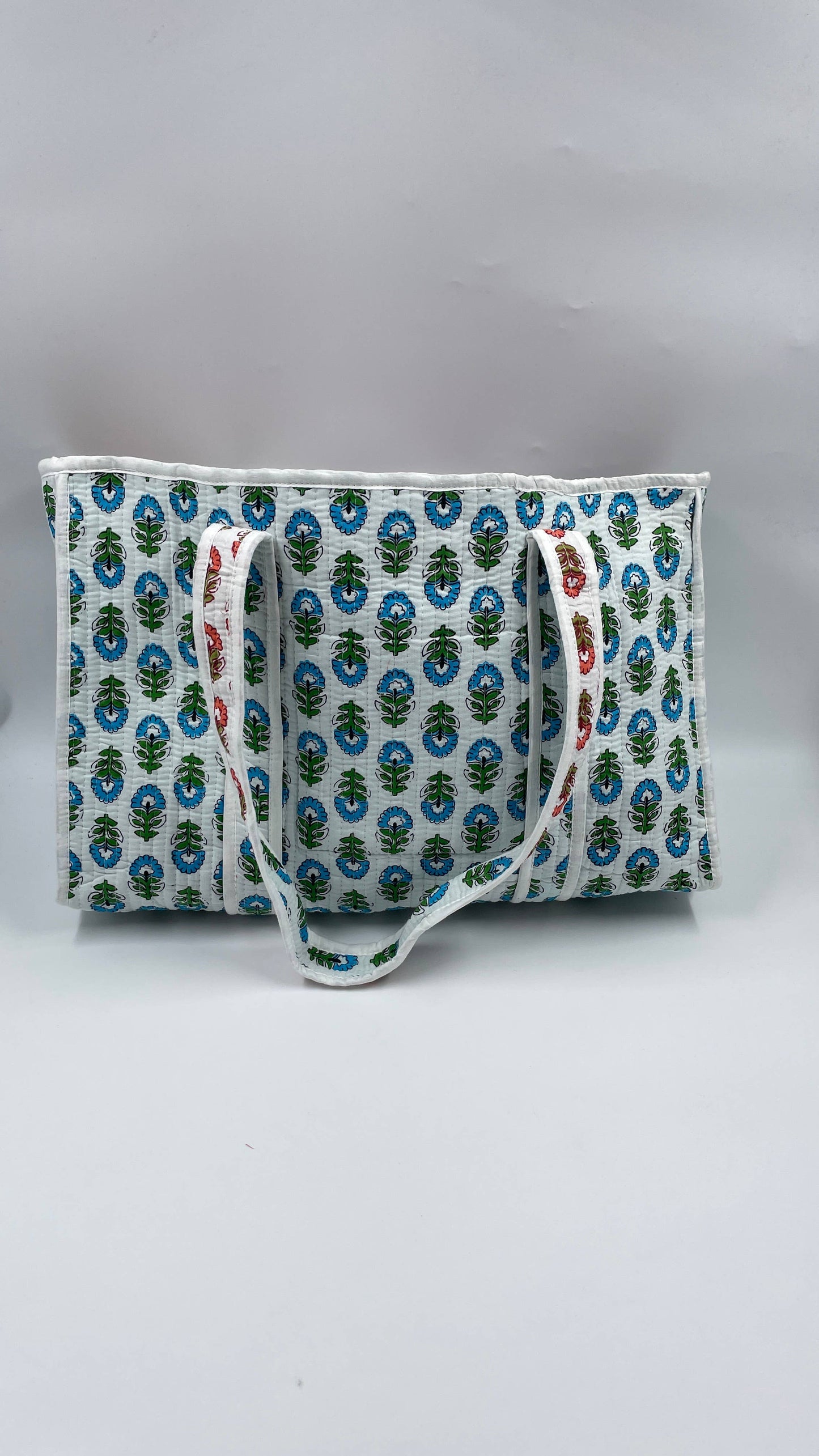 Handmade Cotton Reversible Quilted Jaipur Bag - White and Blue  Pansies Flowers