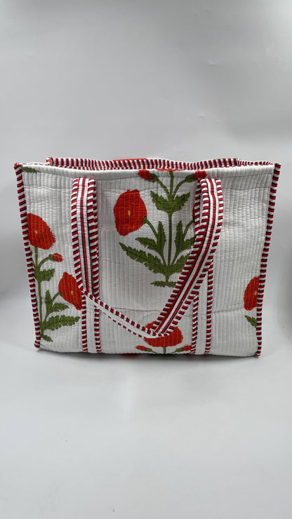 Handmade Cotton  Reversible Quilted Jaipur Bag - White and Red Puppies