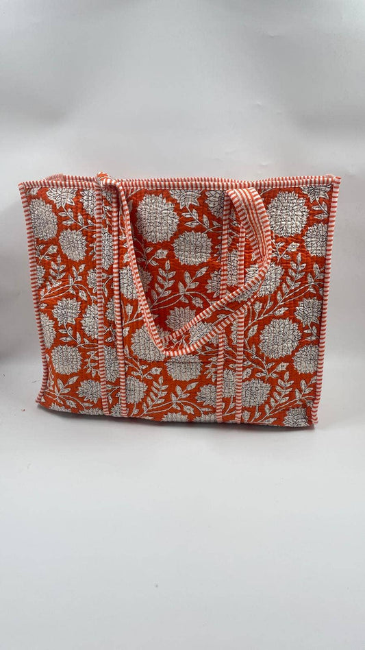 Handmade Cotton  Reversible Quilted Jaipur Bag - Orange and White Flowers