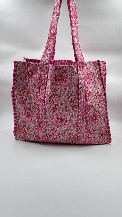 Handmade Cotton Reversible  Quilted Jaipur Bag - All Pink Flowers