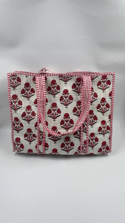 Handmade Cotton Reversible  Quilted Jaipur Bag - White and red bouquets
