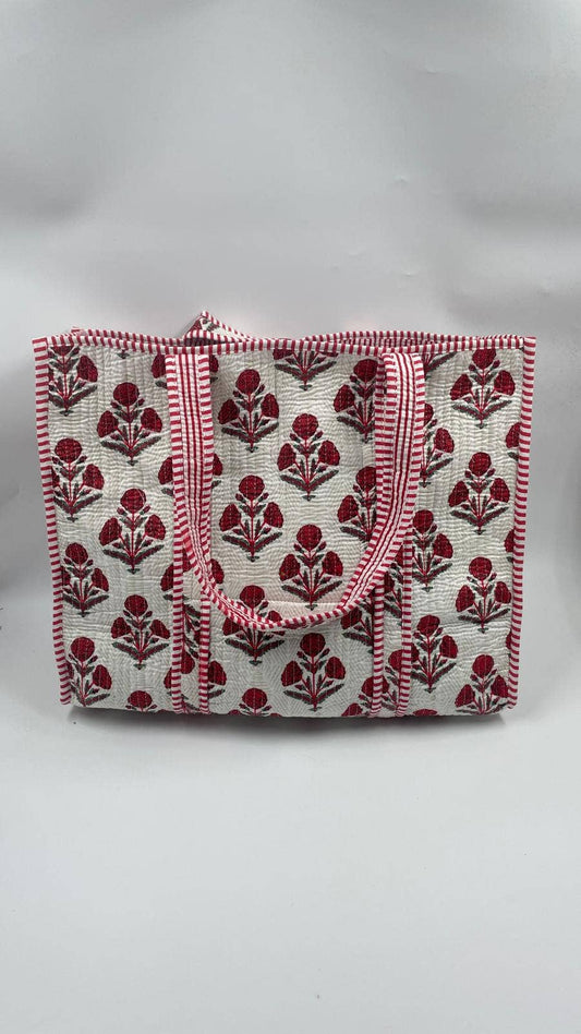 Bolso Jaipur acolchado reversible de algodón hecho a mano - Ramos blancos y rojos