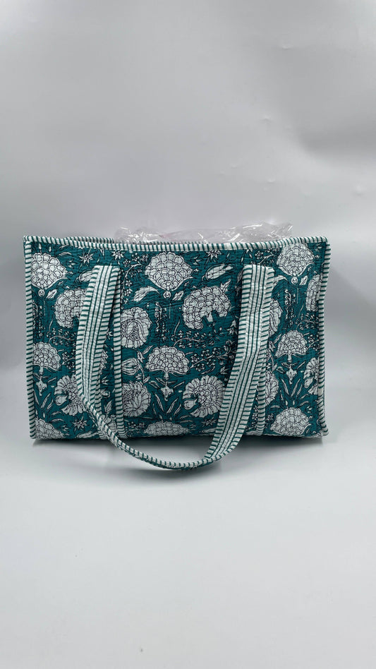 Handmade Cotton Reversible  Quilted Jaipur Bag - Turquoise Flowers