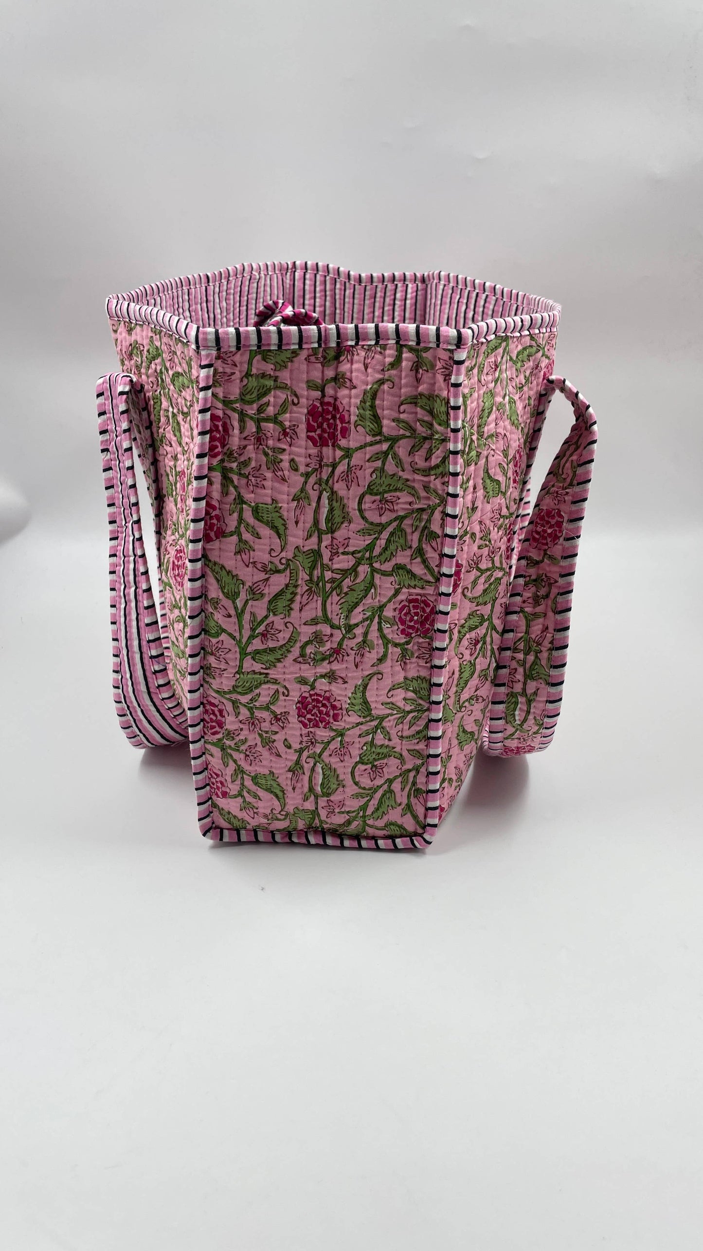 Handmade Cotton Reversible  Quilted Jaipur Bag - Pink and Pink Peonies