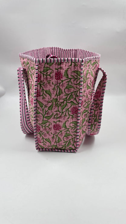 Handmade Cotton Reversible  Quilted Jaipur Bag - Pink and Pink Peonies