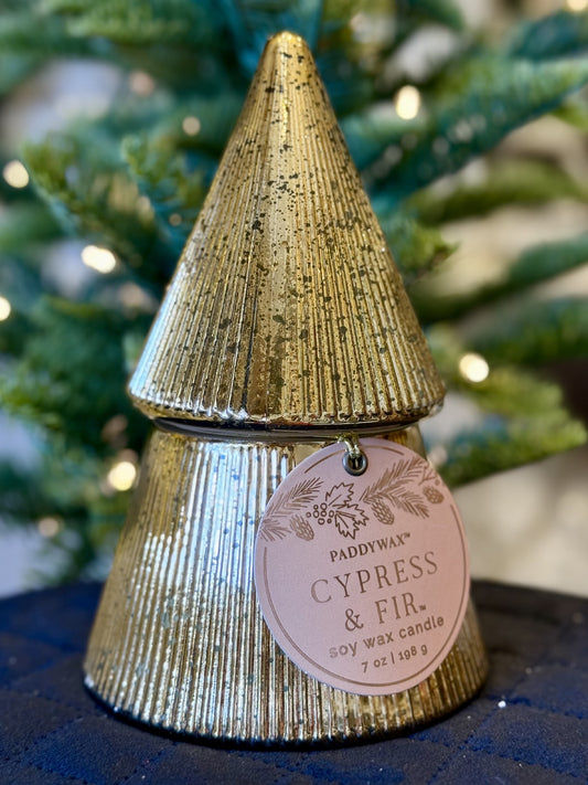 Cypress & Fir Gold Stacked Tree Candle