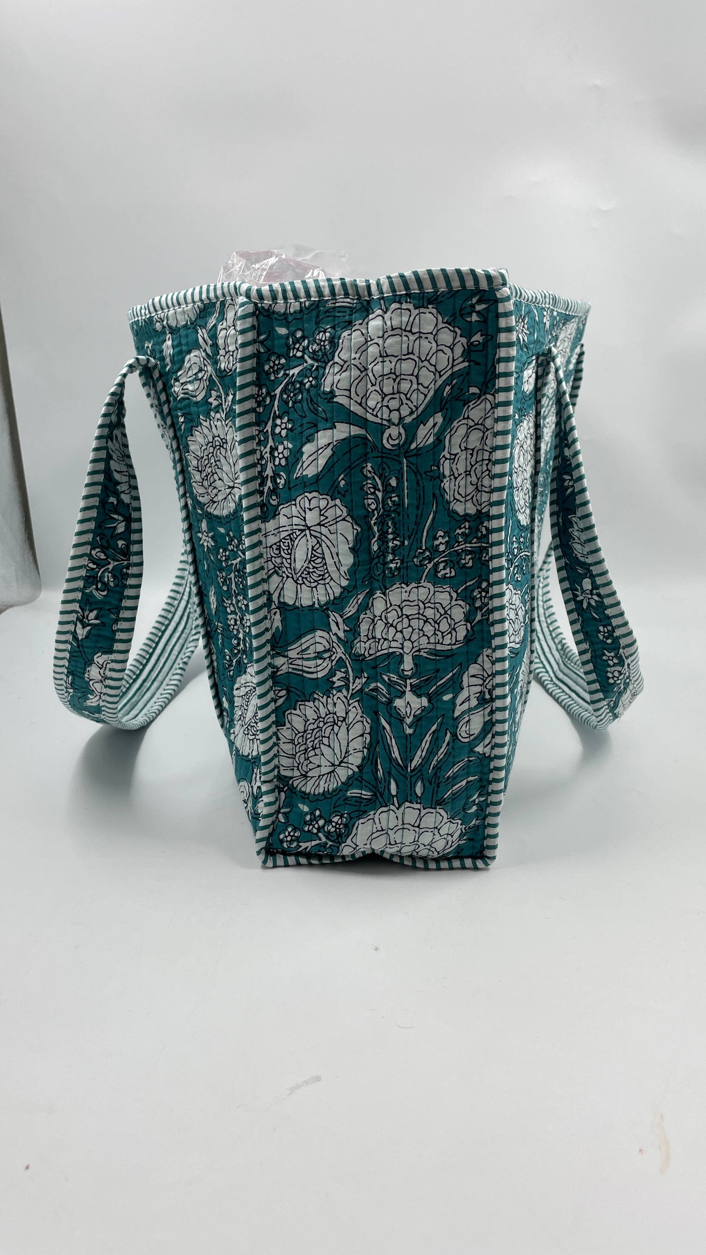 Handmade Cotton Reversible  Quilted Jaipur Bag - Turquoise Flowers
