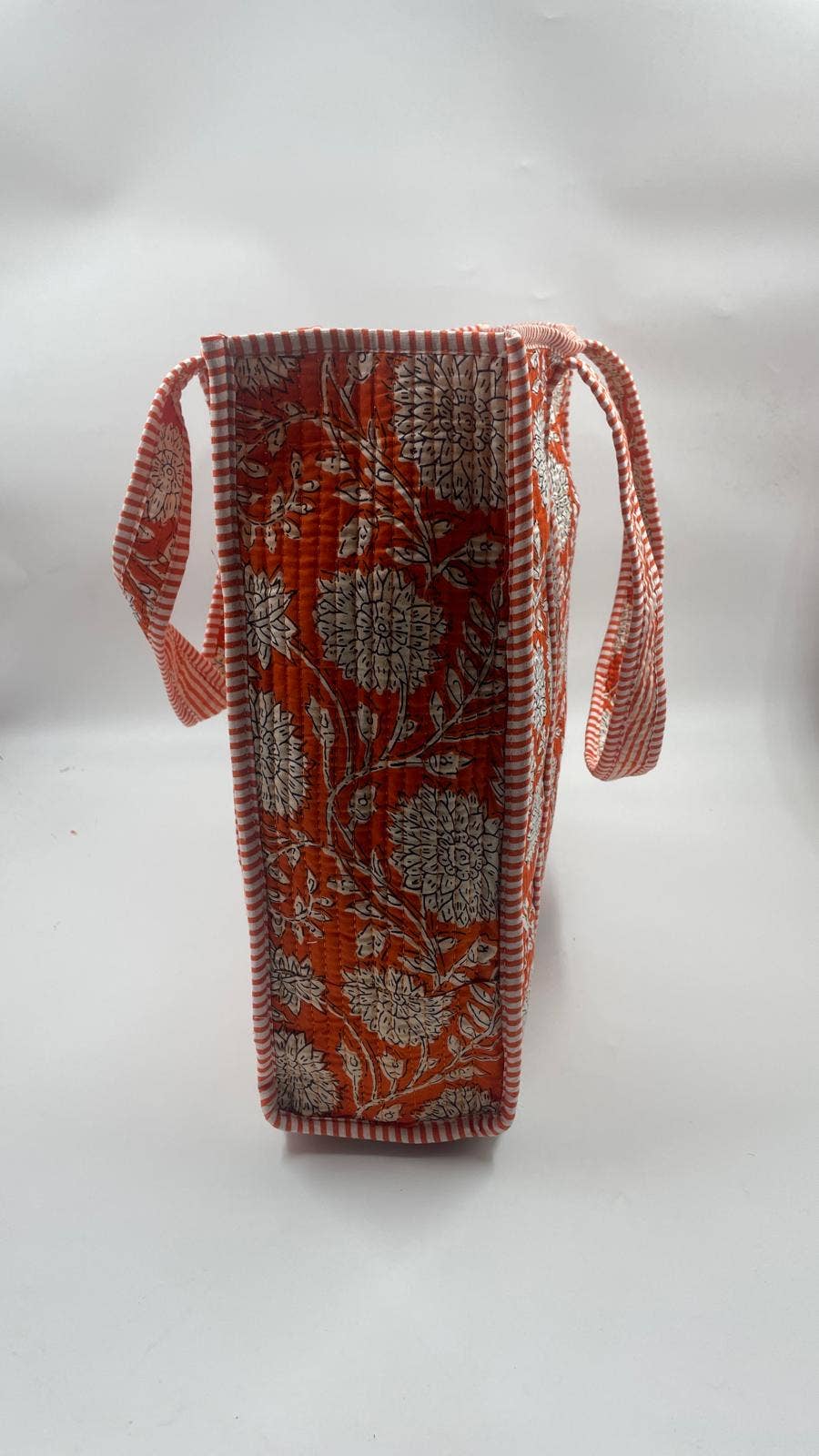 Handmade Cotton  Reversible Quilted Jaipur Bag - Orange and White Flowers