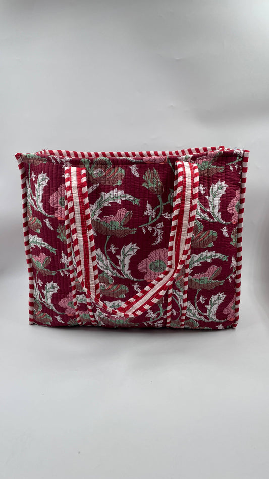 Handmade Cotton  Reversible Quilted Jaipur Bag - Red and Pink Flowers