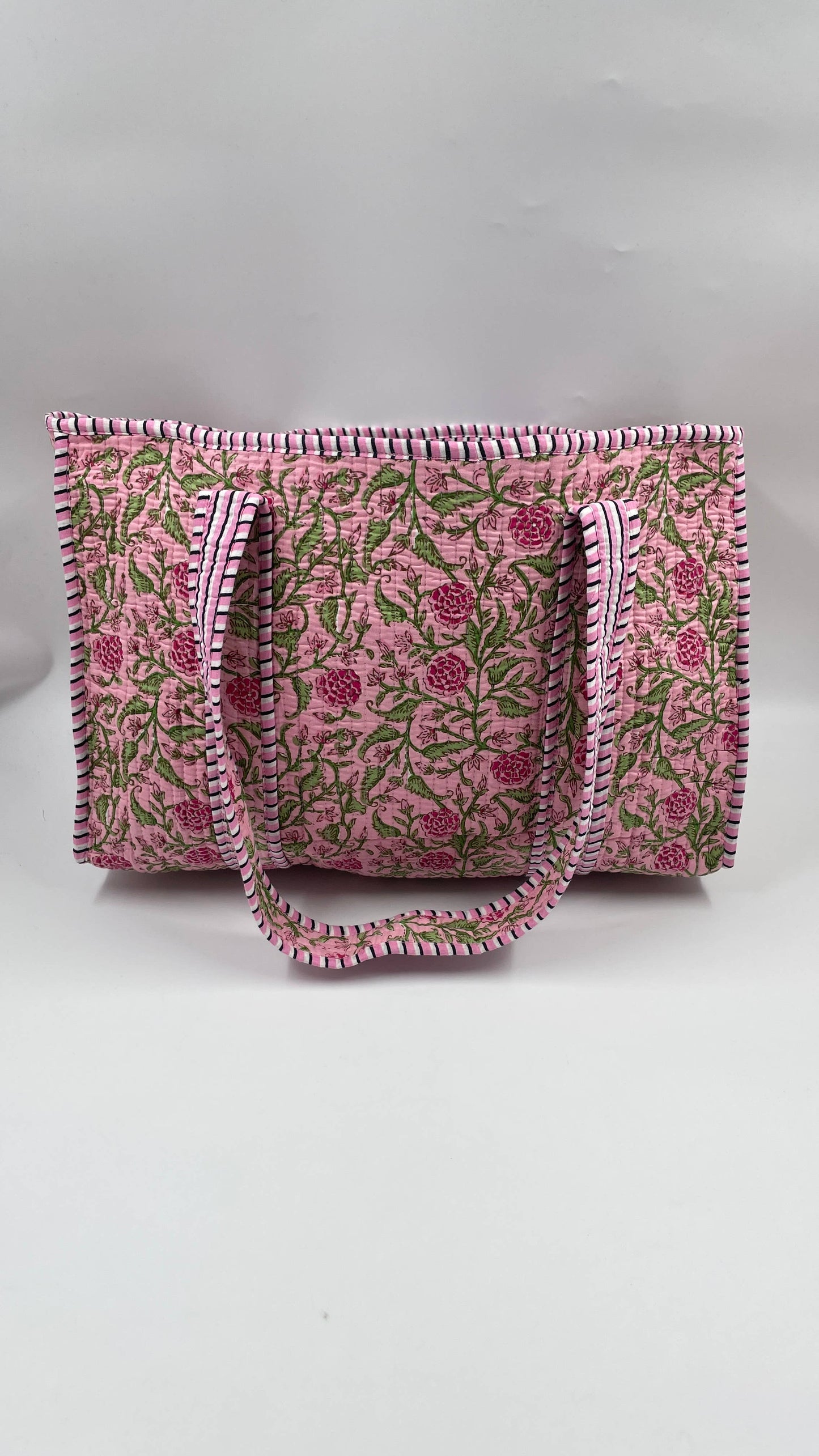 Handmade Cotton Reversible  Quilted Jaipur Bag - Pink and Pink Peonies