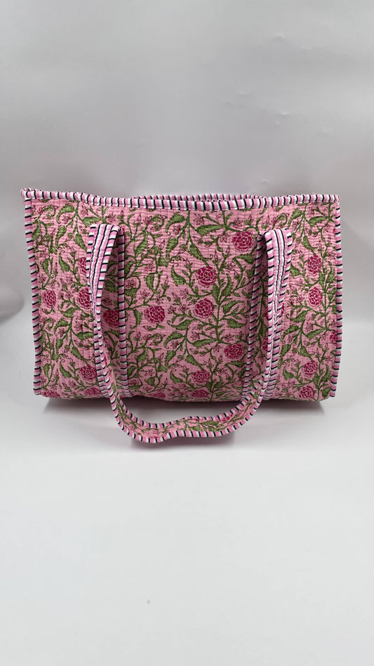 Handmade Cotton Reversible  Quilted Jaipur Bag - Pink and Pink Peonies