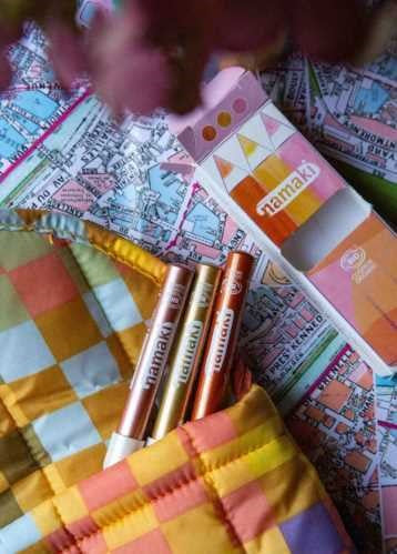 Juego de 3 lápices con purpurina color cobre, dorado y rosa