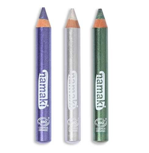 Set de 3 lápices con purpurina violeta, plateada y verde