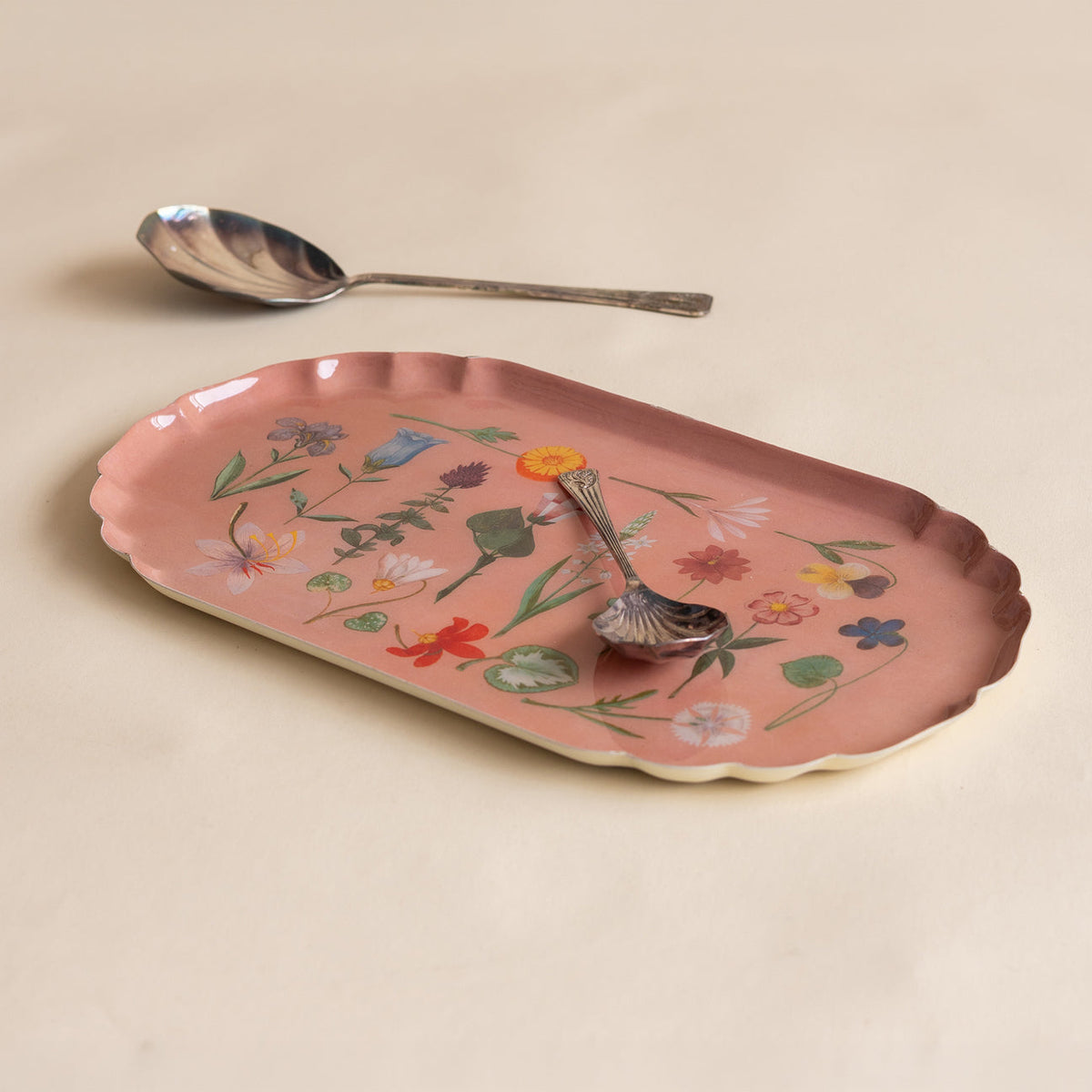 Pink Flowers Scallop Edge Enamel Tray