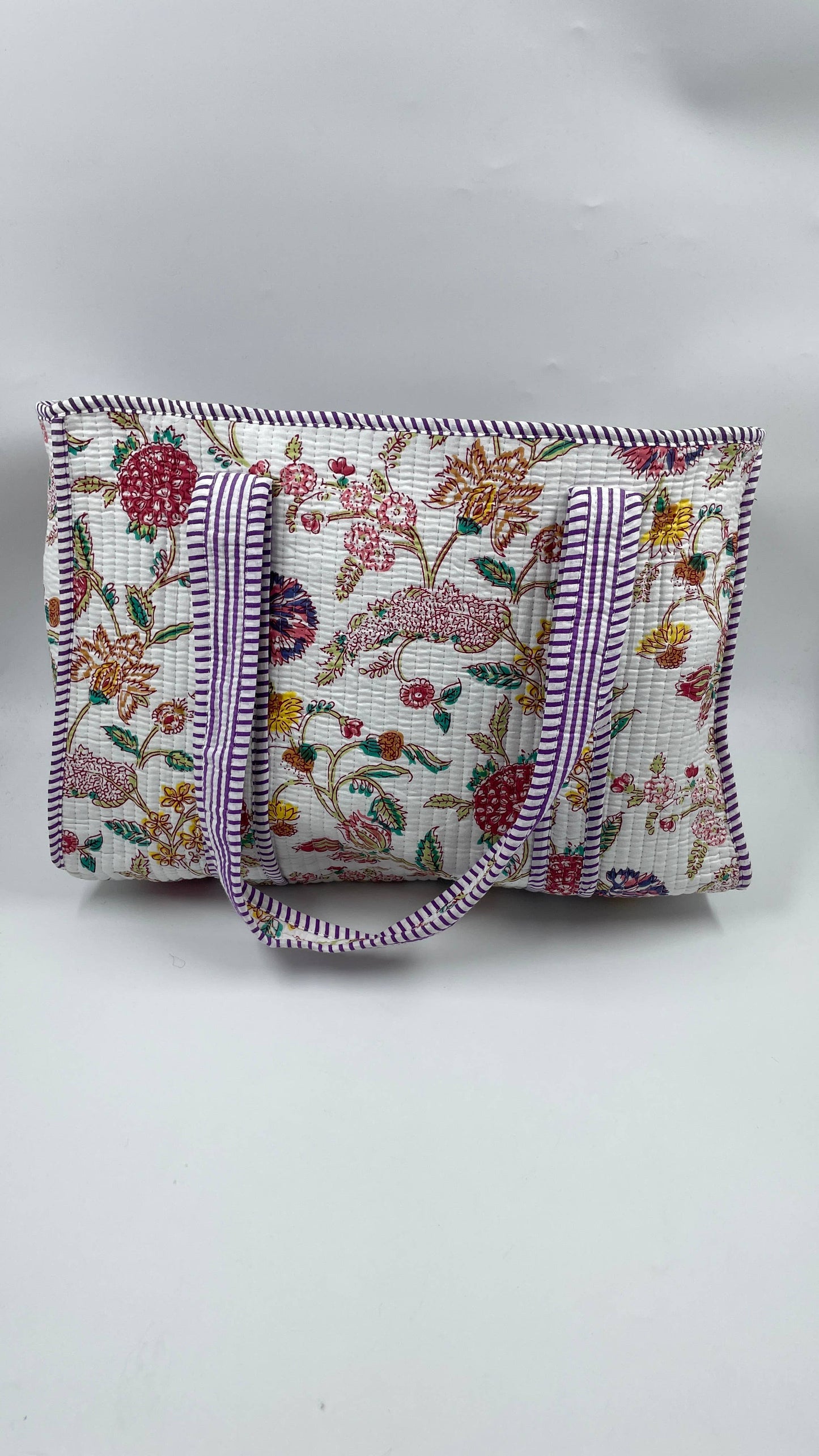 Handmade Cotton  Reversible Quilted  Jaipur Bag - White and Pink Flowers