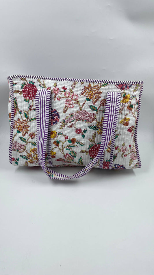 Handmade Cotton  Reversible Quilted  Jaipur Bag - White and Pink Flowers