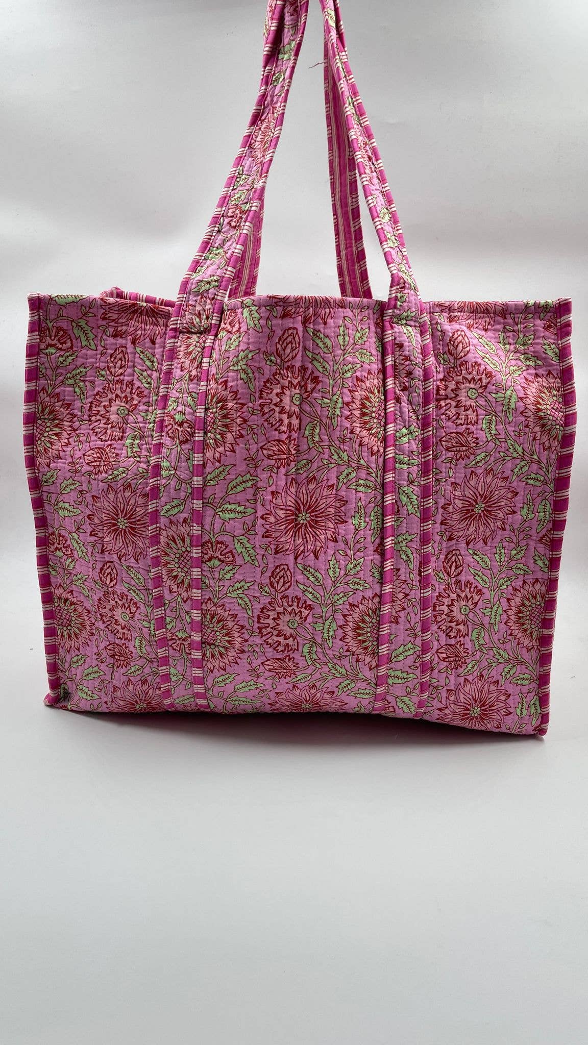Handmade Cotton Reversible  Quilted Jaipur Bag - All Pink Flowers