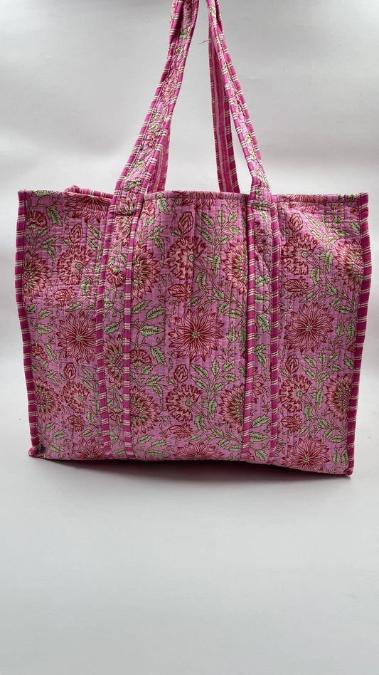 Handmade Cotton Reversible  Quilted Jaipur Bag - All Pink Flowers