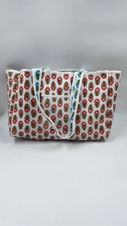 Handmade Cotton Reversible Quilted Jaipur Bag - White and Blue  Pansies Flowers
