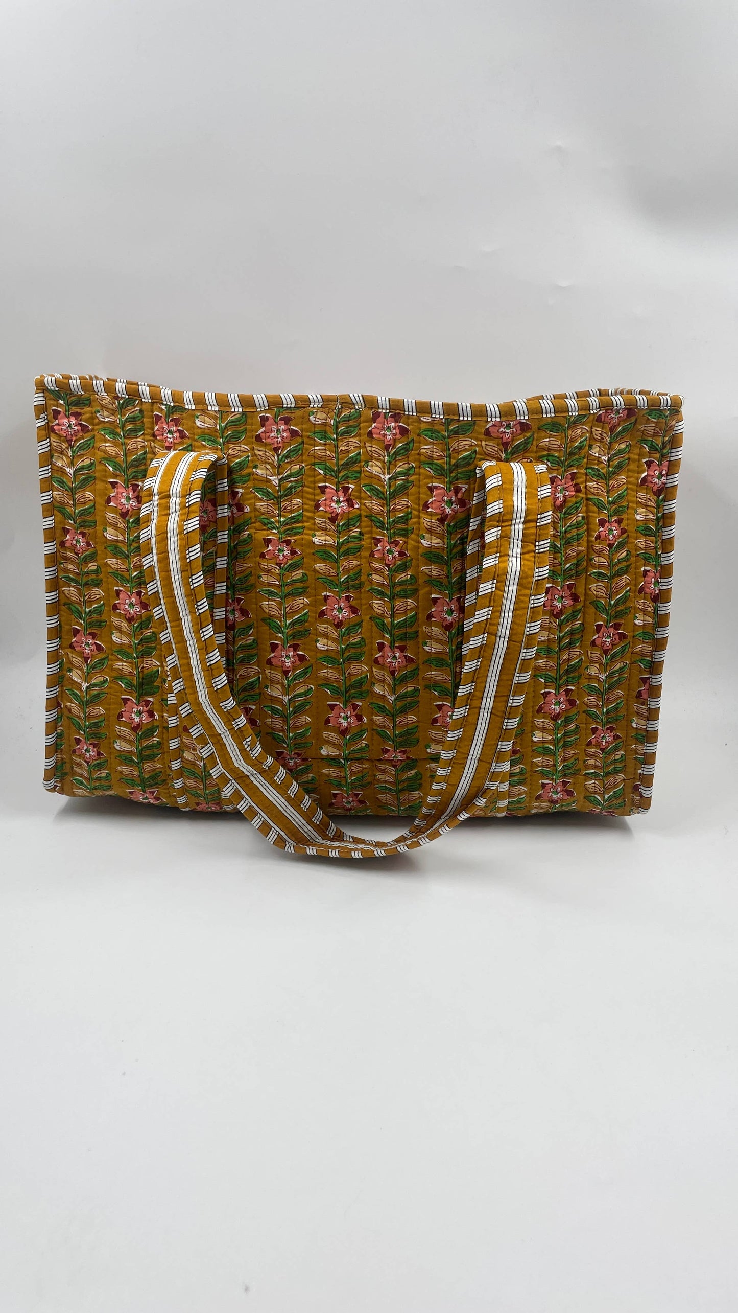 Handmade Cotton  Reversible Quilted Jaipur Bag - Moustard and Pink Flowers