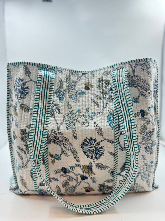 Handmade Cotton Quilted  Reversible Jaipur Bag - White Flowers