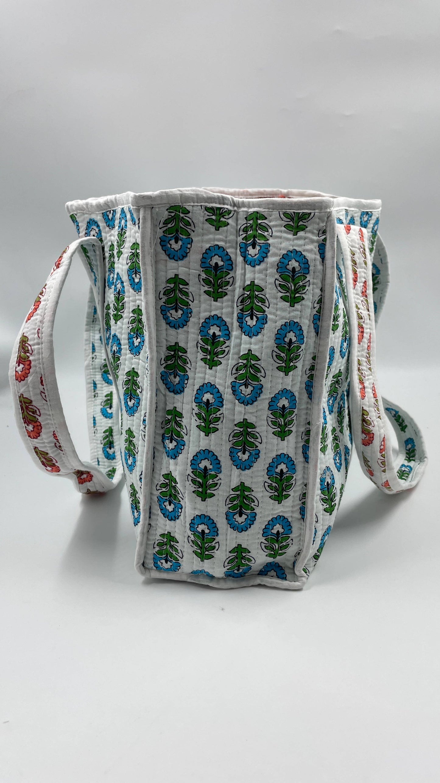 Handmade Cotton Reversible Quilted Jaipur Bag - White and Blue  Pansies Flowers
