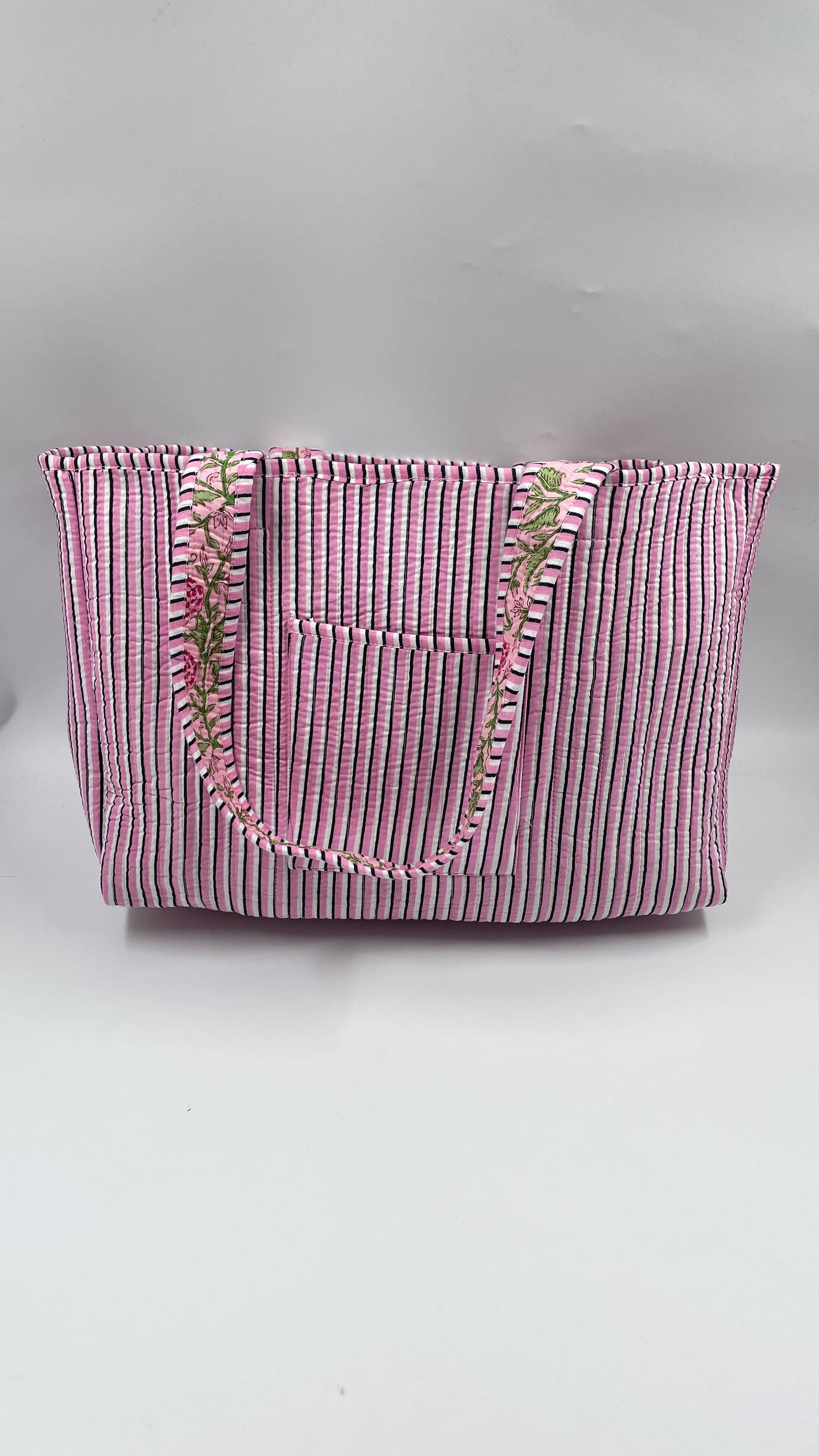 Handmade Cotton Reversible  Quilted Jaipur Bag - Pink and Pink Peonies