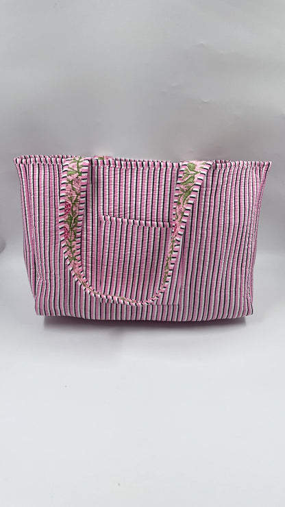 Handmade Cotton Reversible  Quilted Jaipur Bag - Pink and Pink Peonies