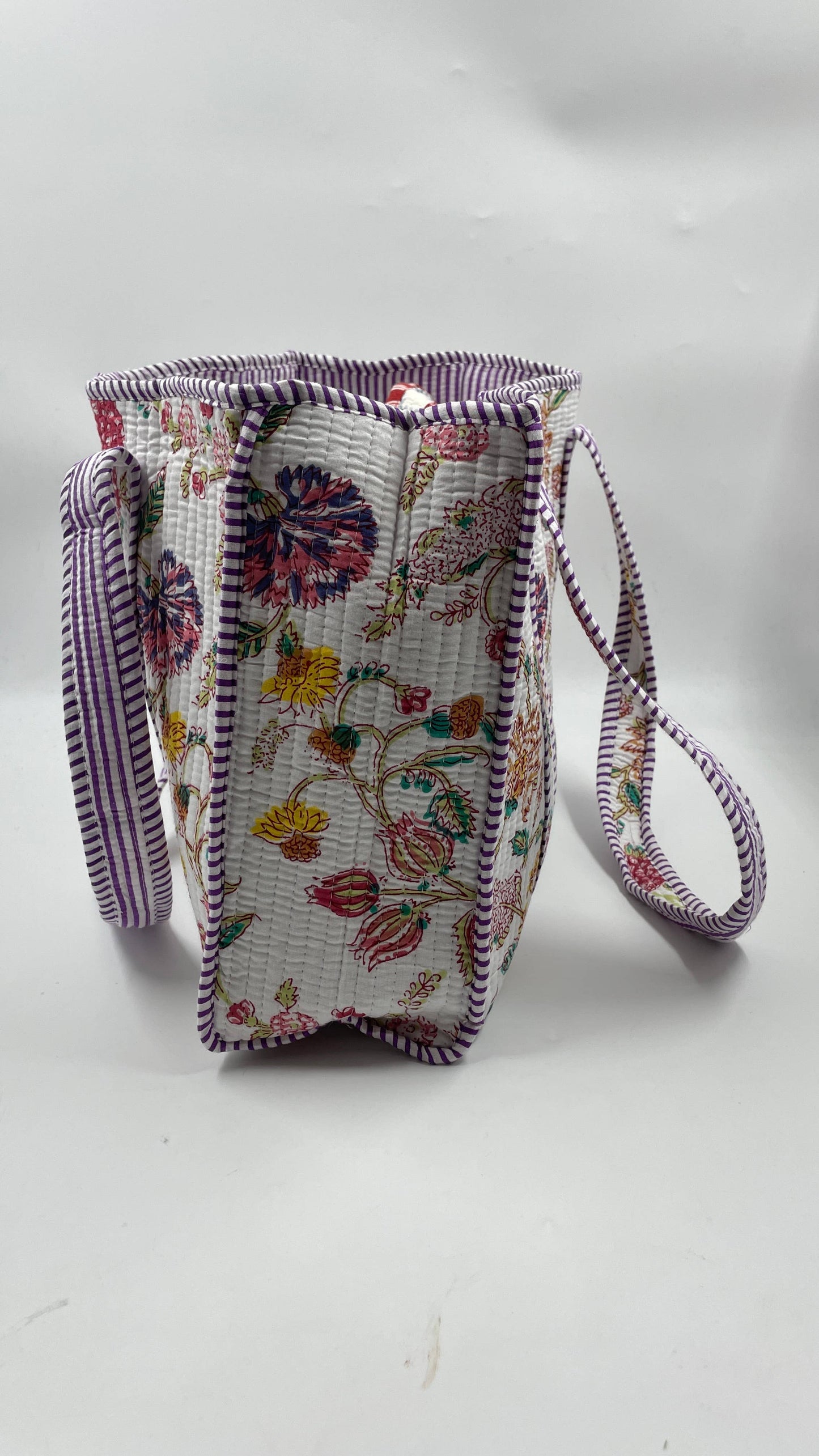 Handmade Cotton  Reversible Quilted  Jaipur Bag - White and Pink Flowers