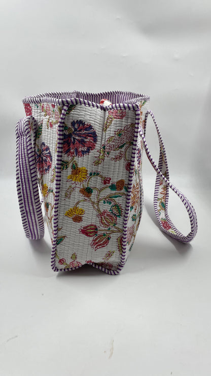 Handmade Cotton  Reversible Quilted  Jaipur Bag - White and Pink Flowers