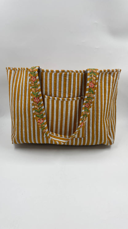 Handmade Cotton  Reversible Quilted Jaipur Bag - Moustard and Pink Flowers