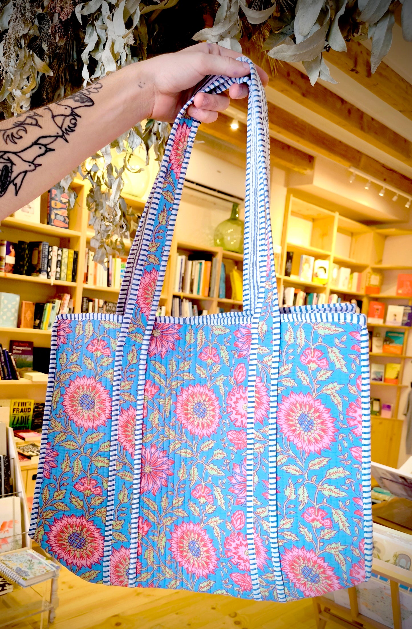 Handmade Cotton Quilted Jaipur Bag - Light Blue Flowers