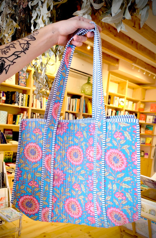 Handmade Cotton Quilted Jaipur Bag - Light Blue Flowers